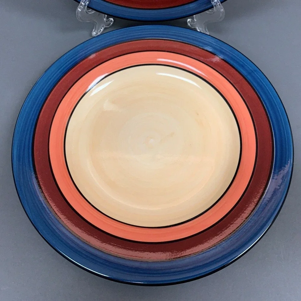 Living Art Brighton Dinner Plates Multi-color Blue Beige Red‎ Orange Lot of 2